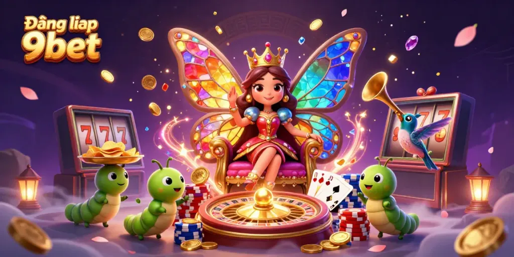 Join the excitement with Đăng nhập 9bet and explore vibrant casino games surrounded by colorful characters and symbols.