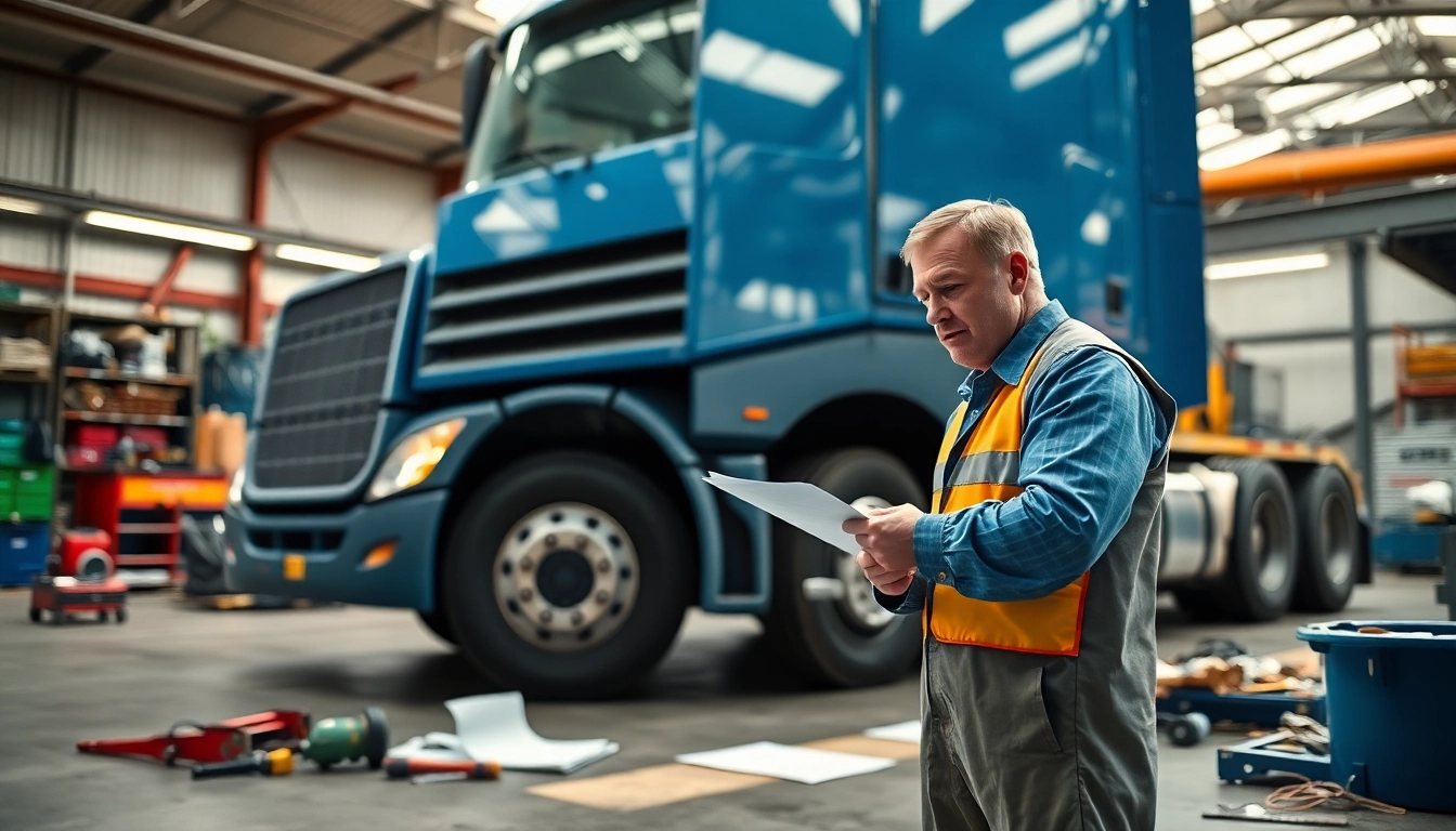 Lkw Gutachten Augsburg mit fachkundigem Experten bei der Inspektion eines schweren Nutzfahrzeugs in einer Werkstatt.