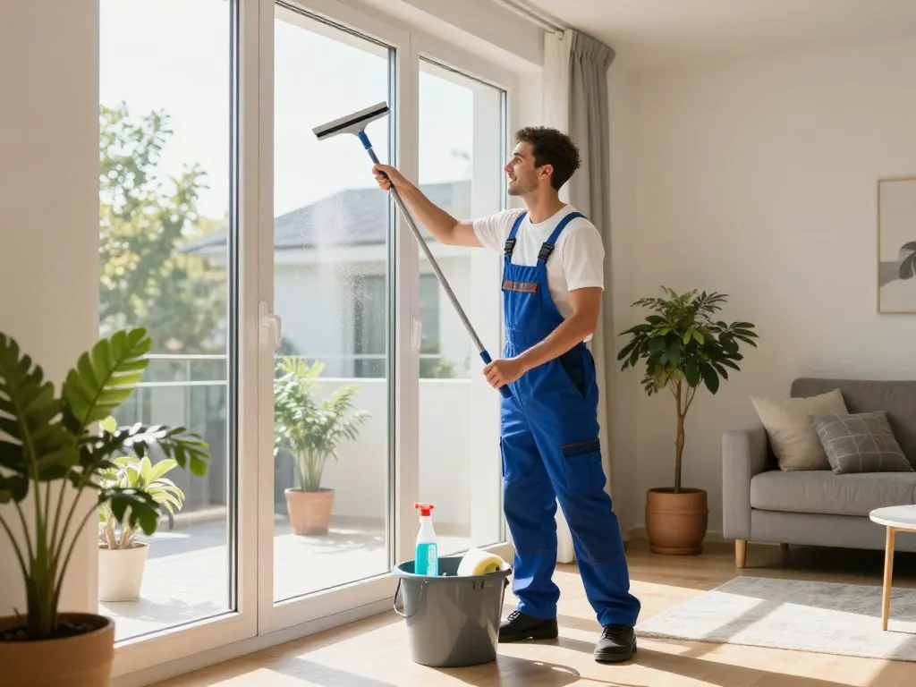 Professioneller Gebäudereiniger aus Münster reinigt ein sonnenbeschienenes Fenster in einem ordentlichen Wohnzimmer und zeigt Sauberkeit und Frische.