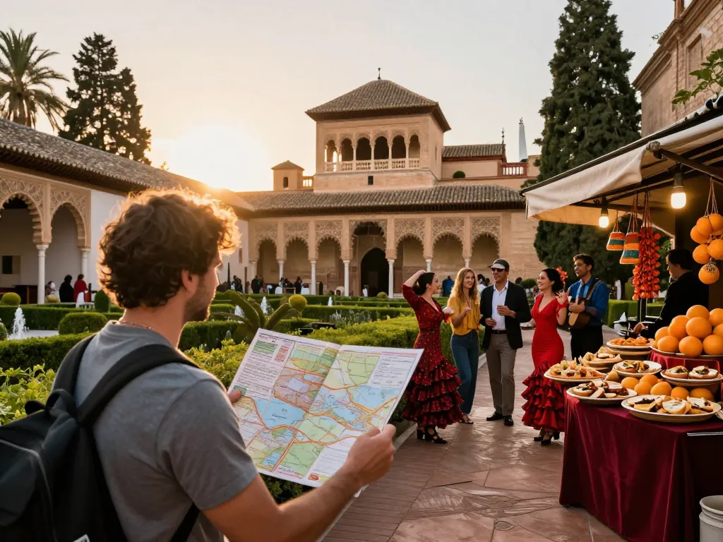 Reisender erkundet Reisetipps Sevilla vor dem Real Alcázar, lebhafte lokale Marktszene.