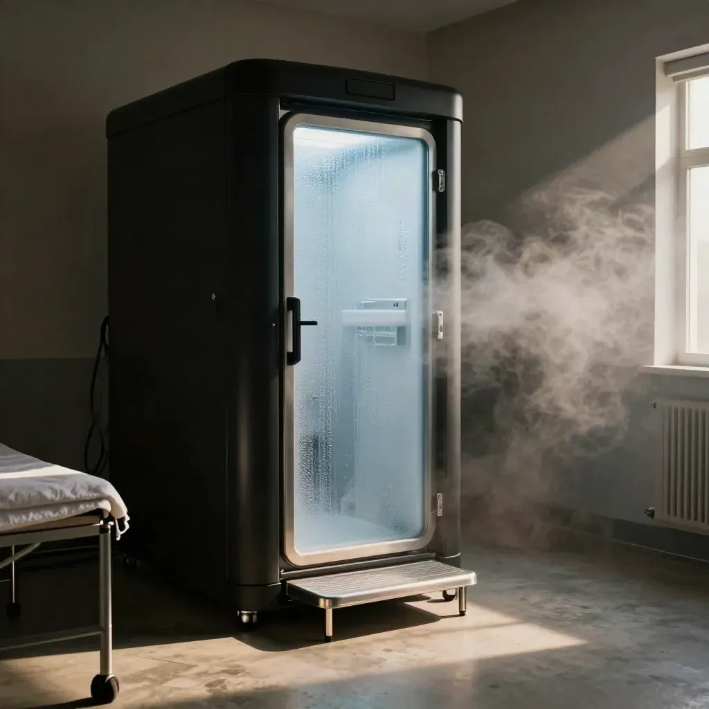 Kryotherapie-Pod stößt in einem dunklen Behandlungsraum kalten Dampf aus.