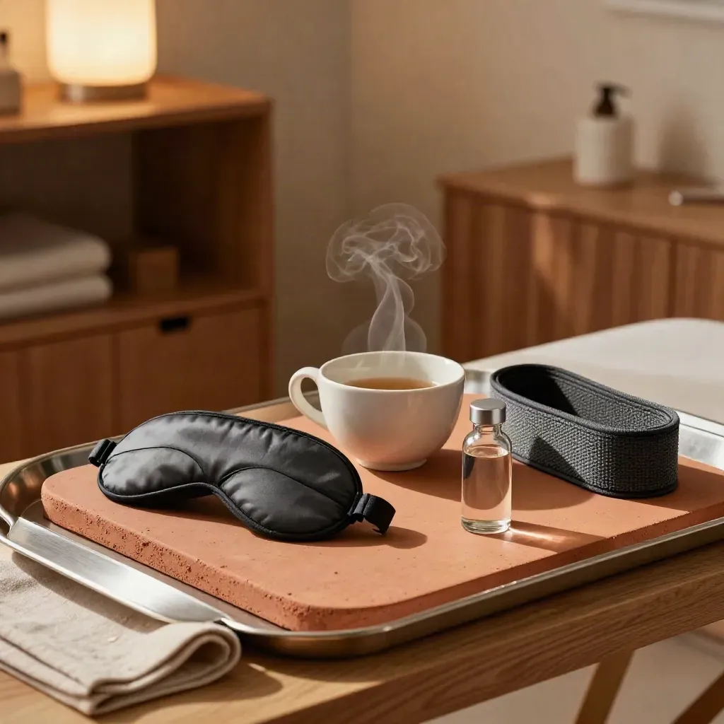 Wellness-Set mit Teetasse, Schlafmaske, Widerstandsband und Glasflasche auf warmer Steinfläche.