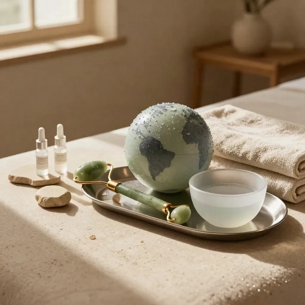 Beauty-Kälte-Tools auf Stein mit Eisglobes, Jade-Roller und Serumampullen im warmen Kliniklicht