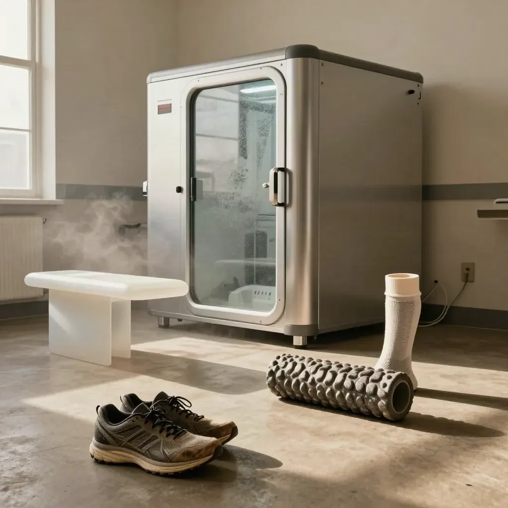 Leerer Cryo-Raum mit Laufschuhen, Socken, Foam Roller und frostiger Bank im Licht.