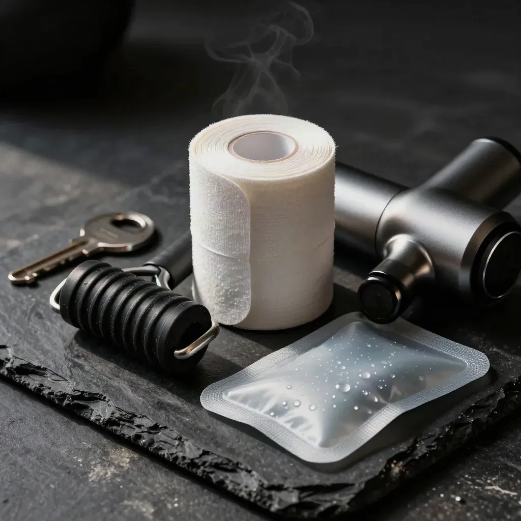 Dramatisches Stillleben mit Tape, Faszienrolle, Massagekopf und Kühlgelpack auf schwarzem Stein.