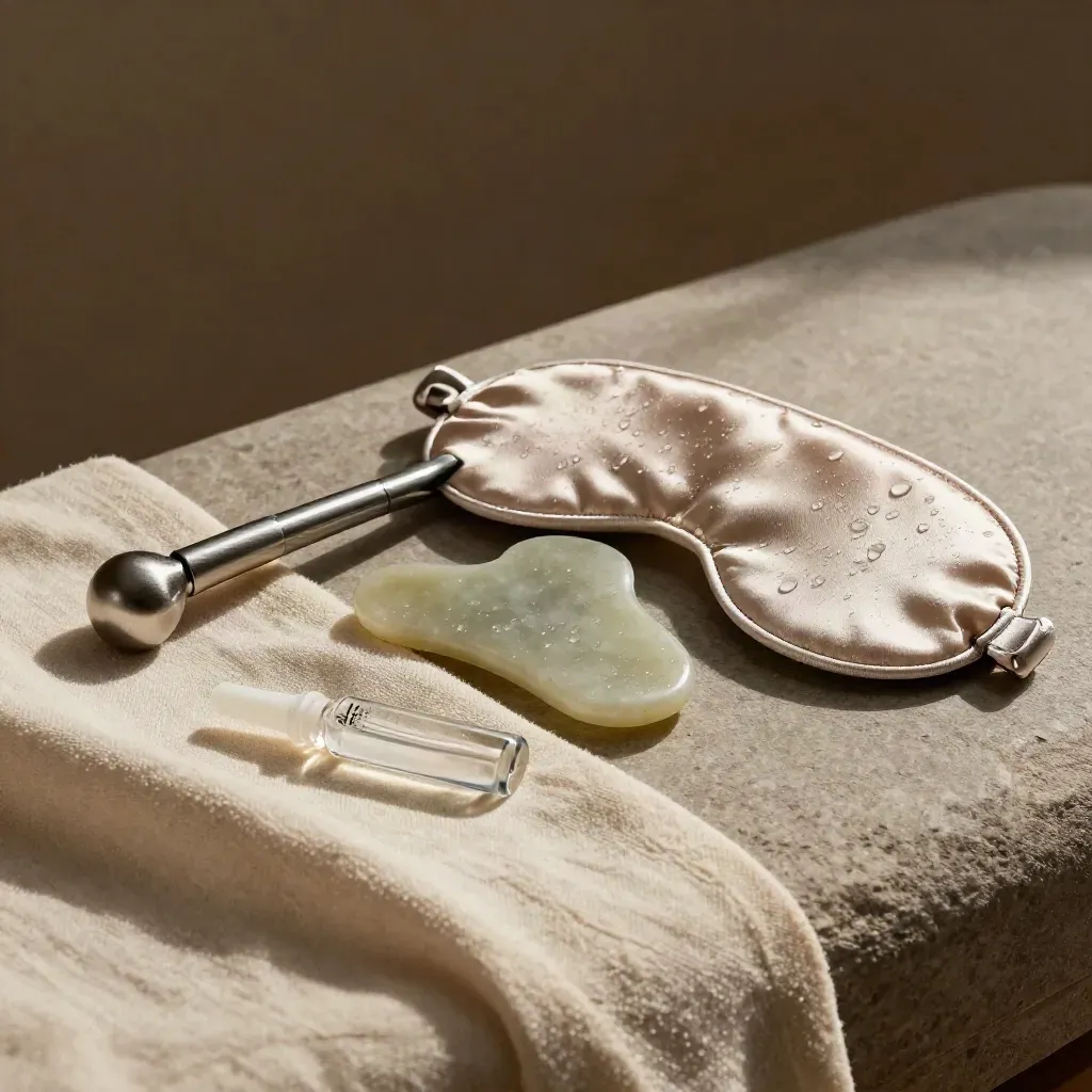 Kühlende Beauty-Tools auf cremefarbenem Leinen im klinischen Close-up.