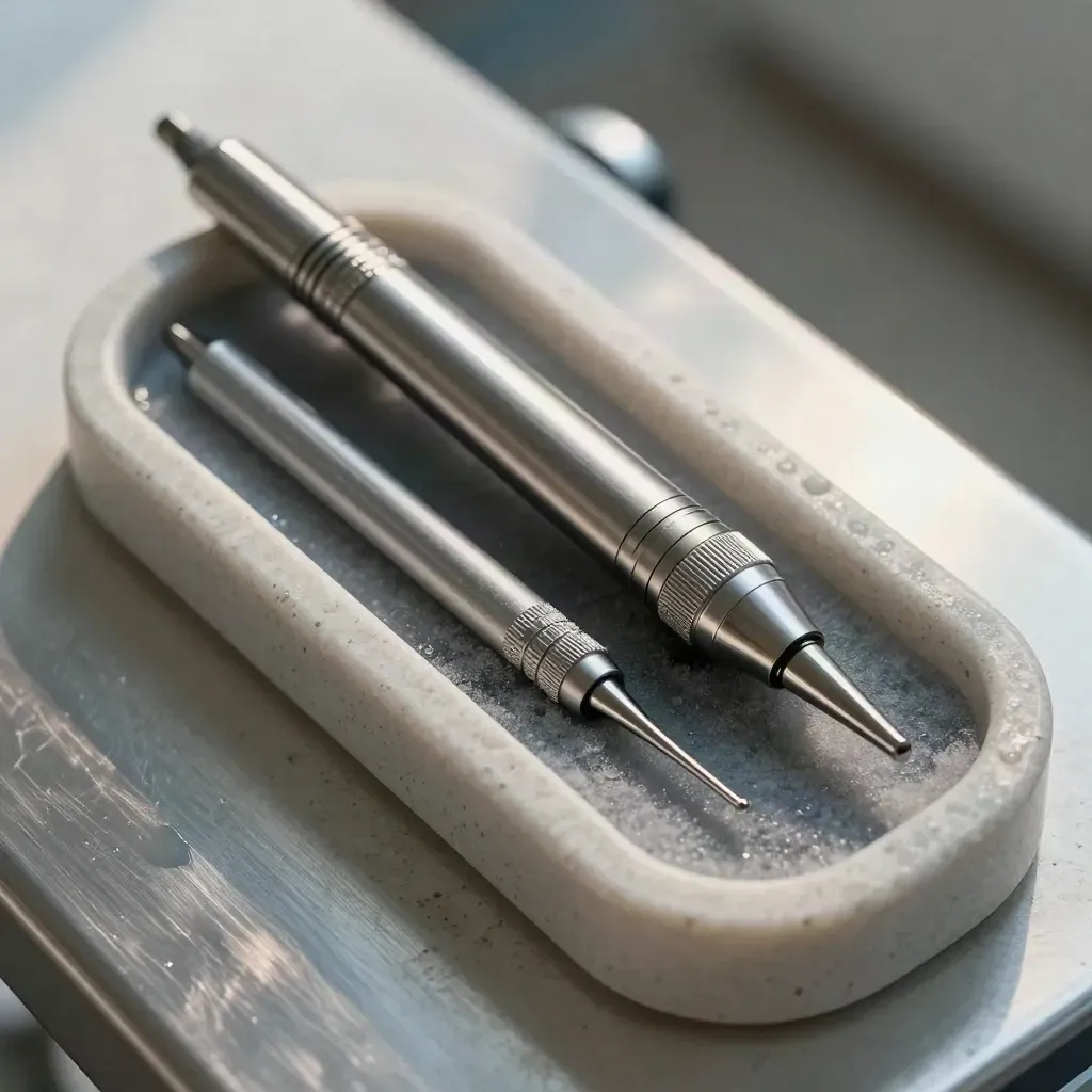 Thermometer, Penlight und Kryosonde in einer Schaumstoffeinlage im kühlen Therapieraum