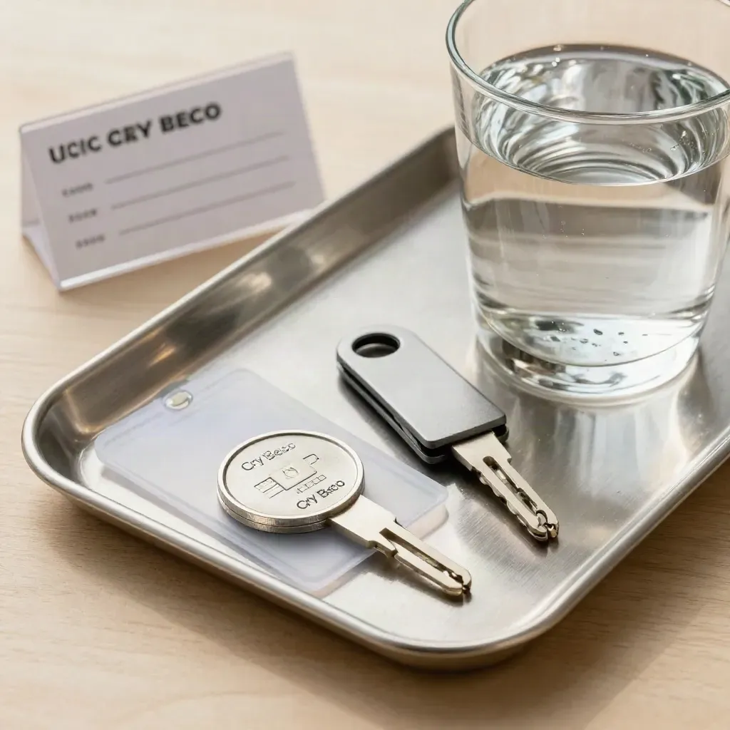 Intake-Set mit Chip, Keycard, Pulsoximeter und Wasserglas auf heller Holzfläche.
