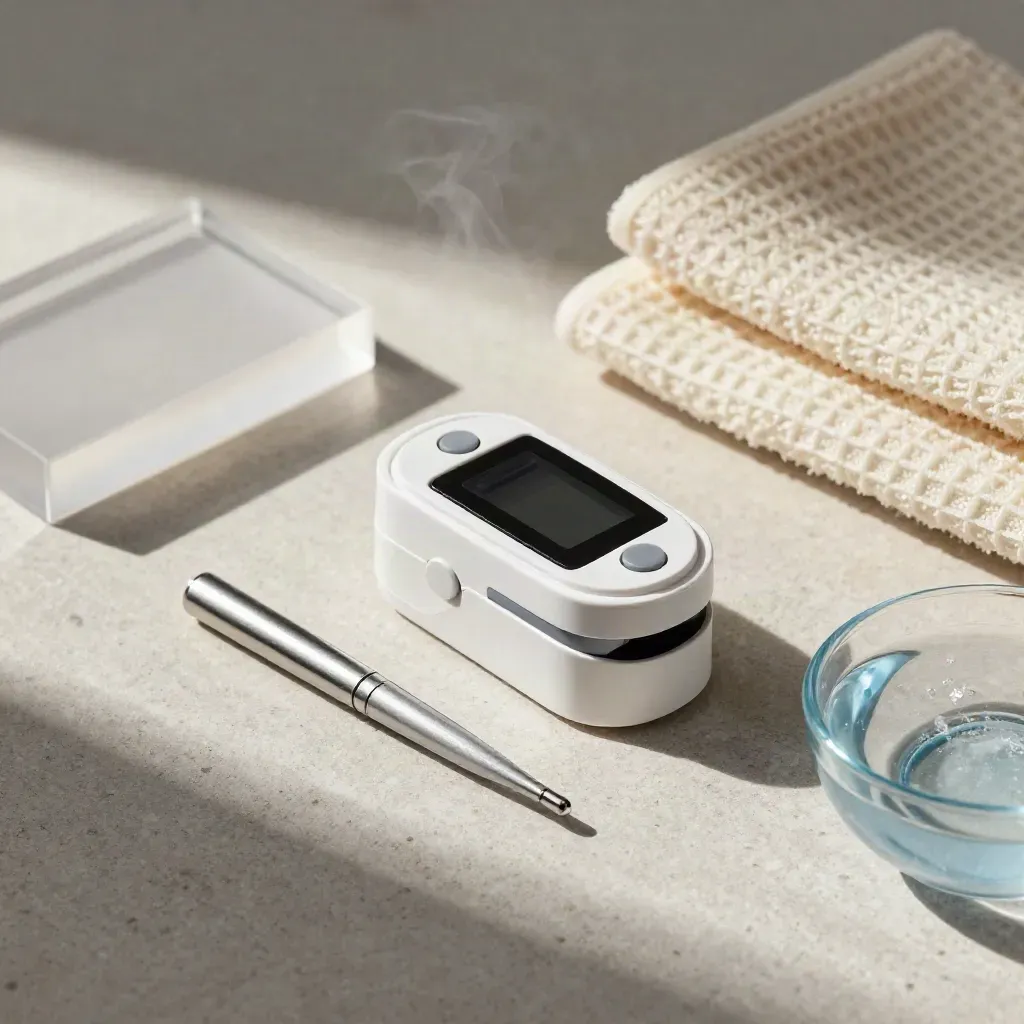 Pulsoximeter, Thermometer, Handtuch und Wasserschale auf hellem Kalkstein im kühlen Kliniklook.