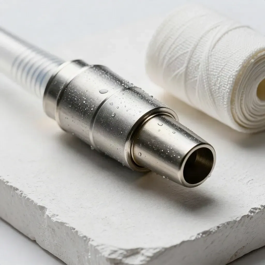 Frostiger Kryo-Applikator mit Schlauch und Mullrolle auf hellem Plastersweep.