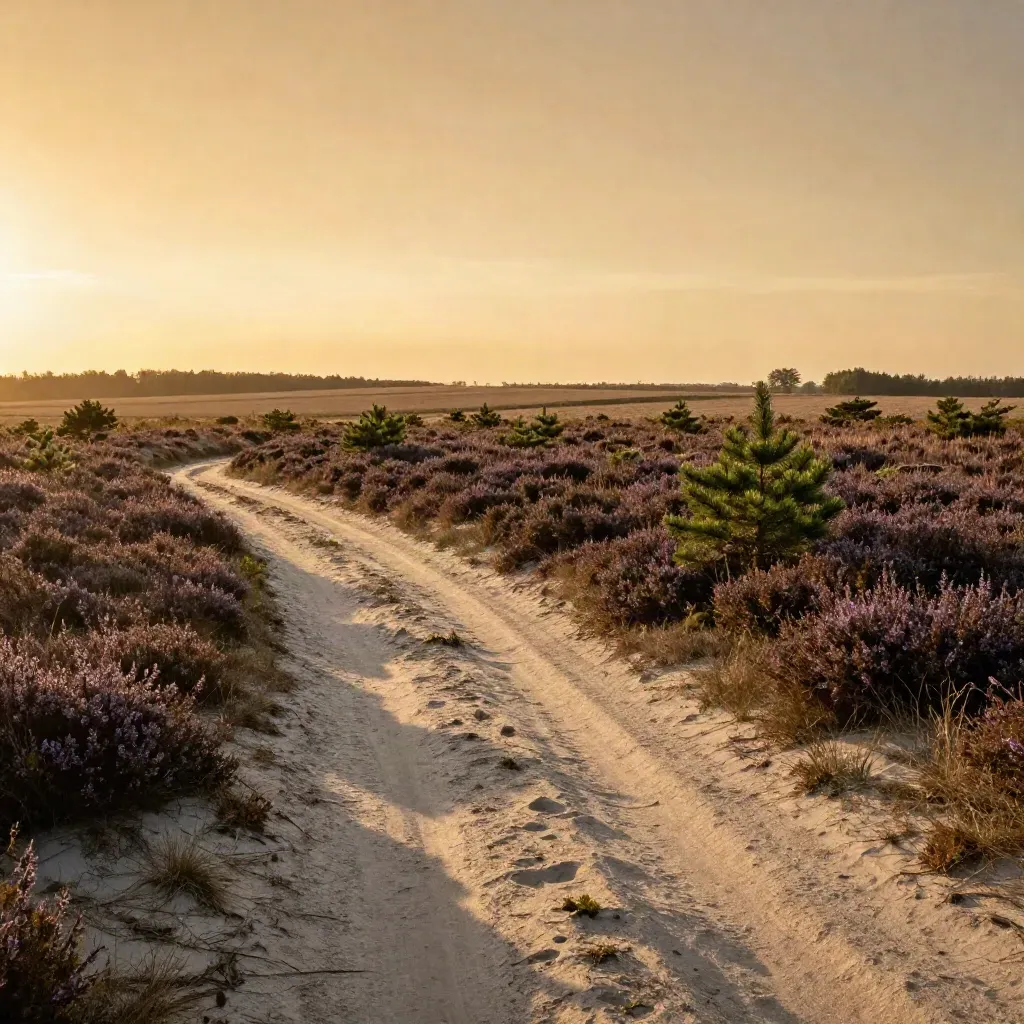 Brandenburg Süd im goldenen Abendlicht: Heide, Sandweg und weiter Horizont
