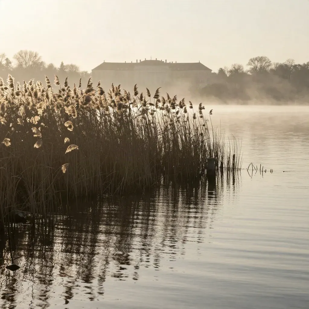 Havelufer mit Schilf und fernem Schlossdach im warmen Abendlicht.