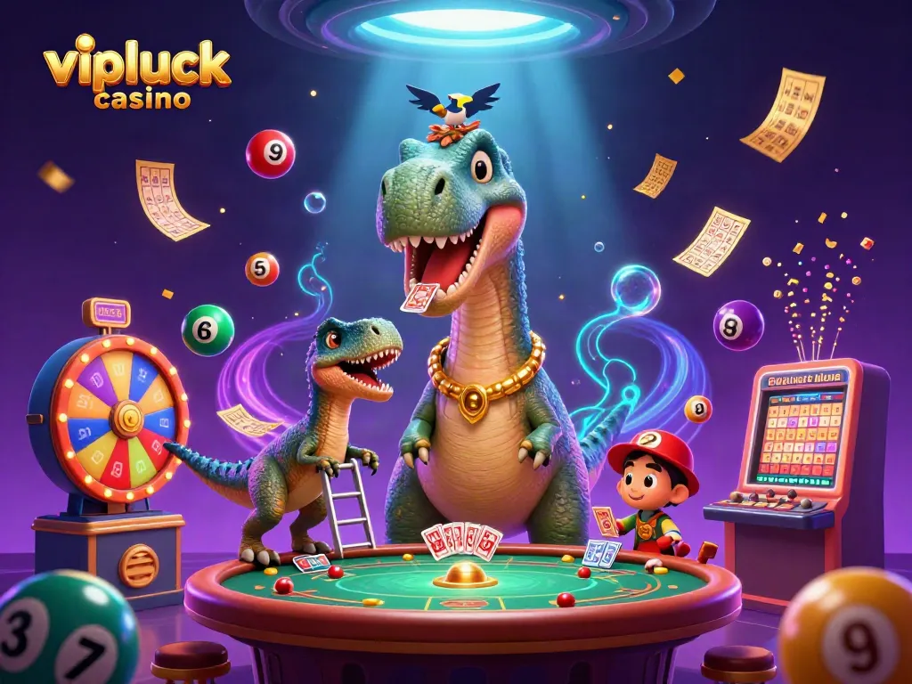 Experience the excitement of vipluck casino in this vibrant 3D illustration with gaming action and elements.