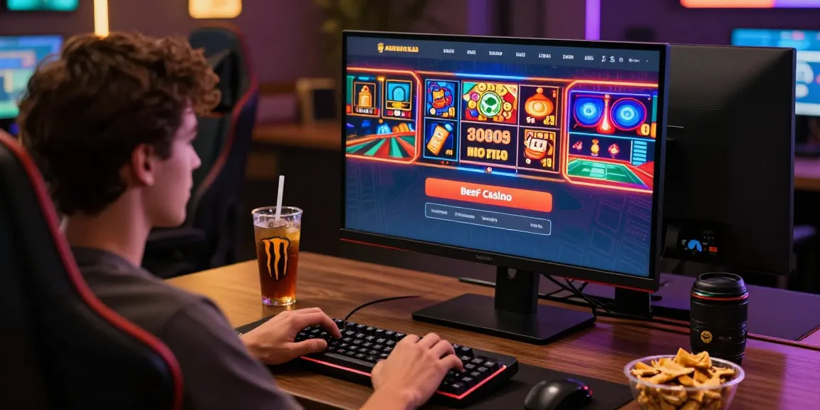 Beef Casino login-Prozess mit aufregenden grafischen Spielen im Hintergrund und Snacks für die Spieler.