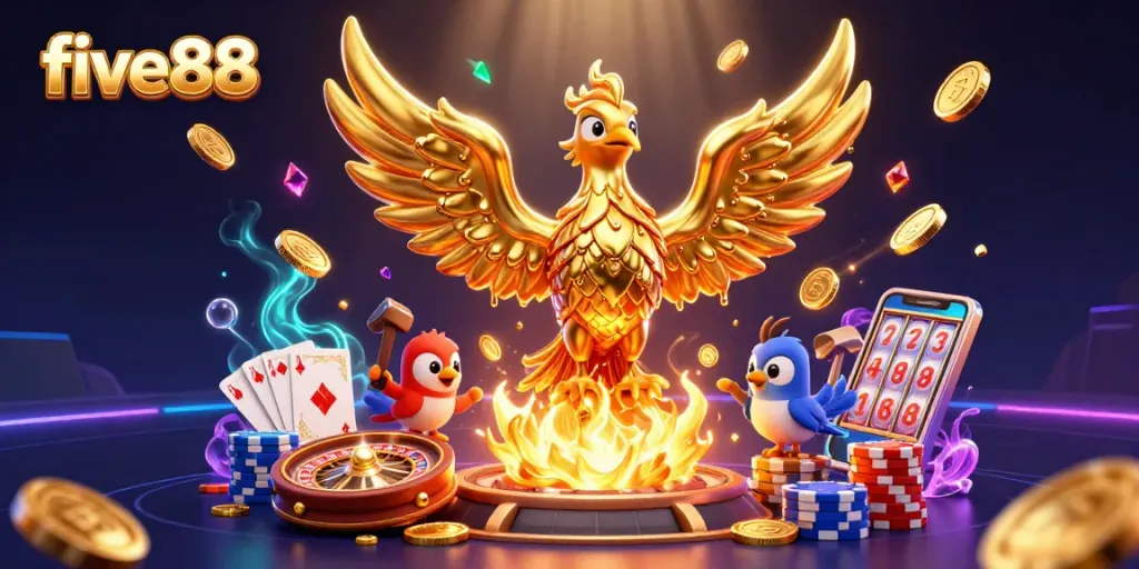 Experience the thrilling adventures of five88 with a molten phoenix amid cascading coins in a vibrant 3D casino.