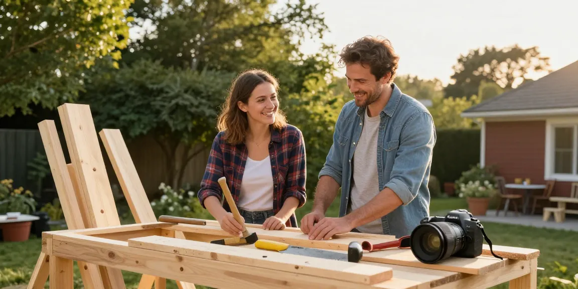 Gartenhäuser: Glückliches Paar beim Bau eines Gartenhauses im Freien