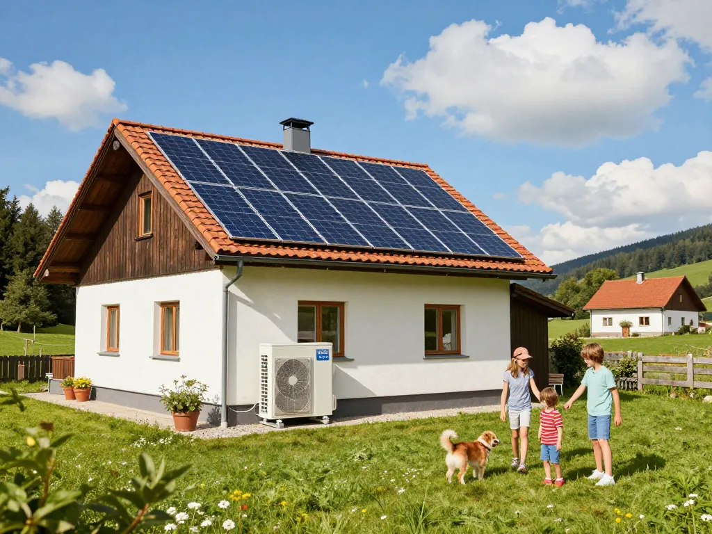 Familie in Bayern genießt umweltfreundliches Leben mit Solarpanelen und Wärmepumpe in einem sonnigen Garten.