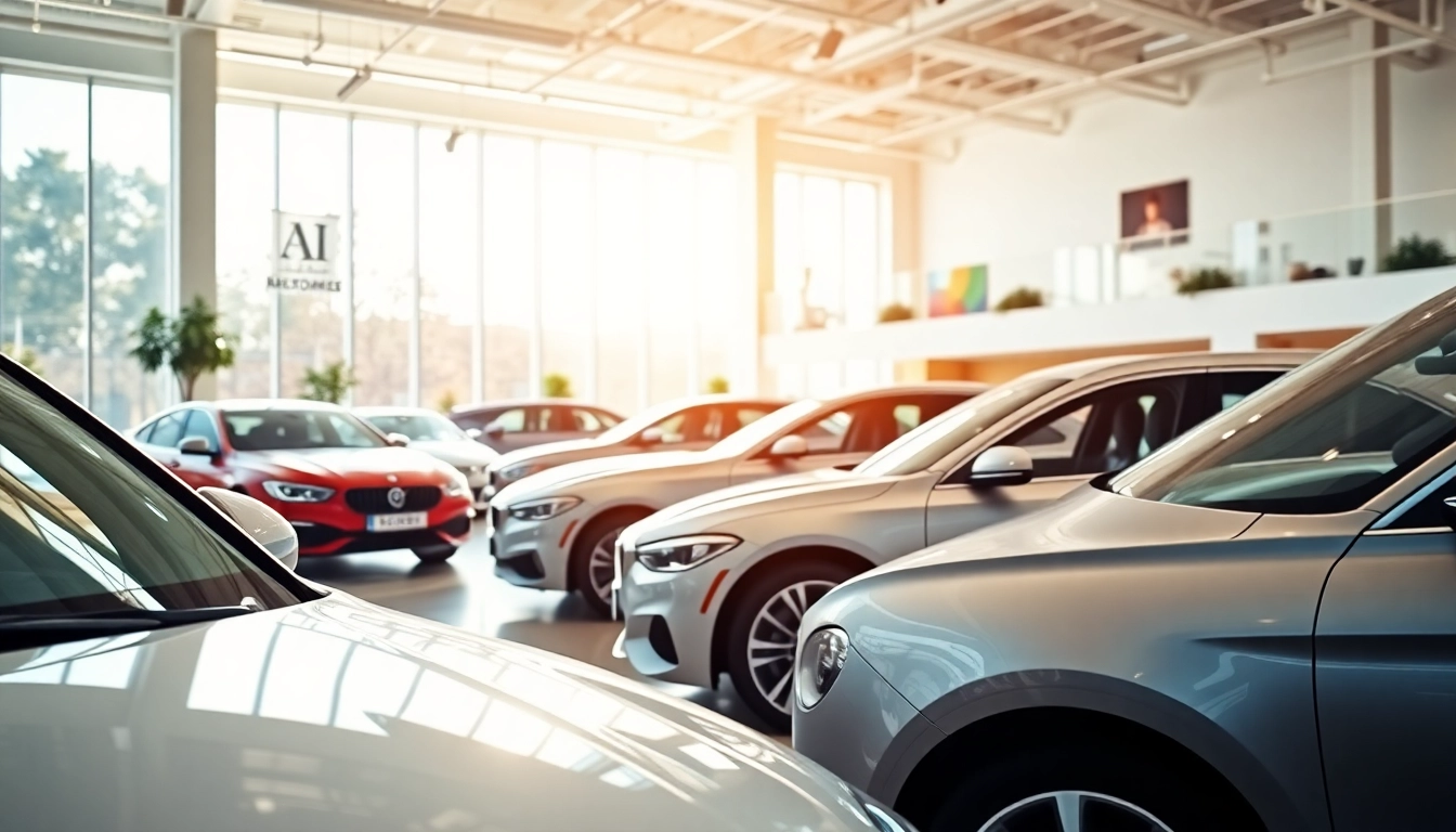 Auto kaufen: Buntes Autohaus mit verschiedenen Fahrzeugen in einem lichtdurchfluteten Showroom