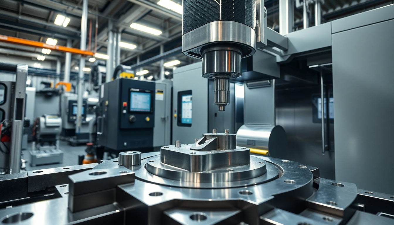 CNC Metallbearbeitung in einem modernen Werkstatt mit präzisen Maschinen und Metallteilen.
