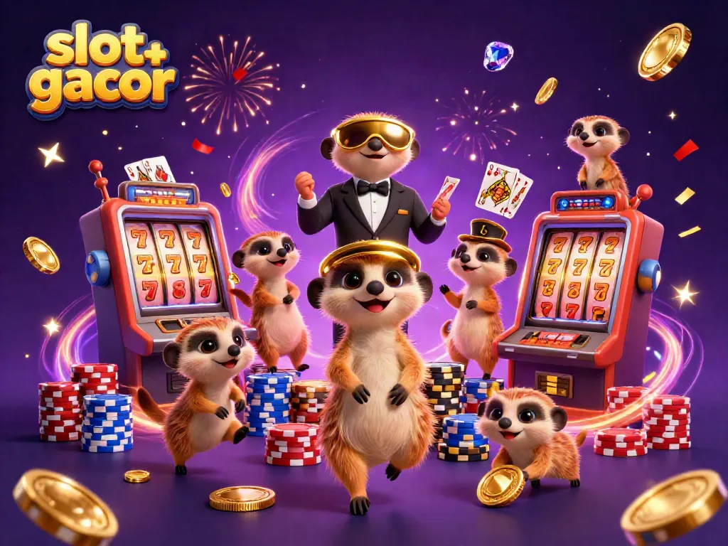 Experience an exciting slot gacor scene with playful meerkats at a vibrant casino creating winning moments.