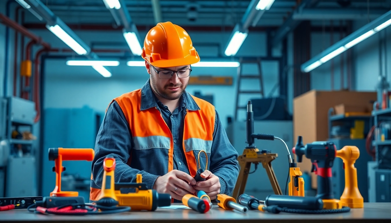 Technician performing a DGUV V3 Prüfung in a clean workshop, ensuring electrical device safety compliance.