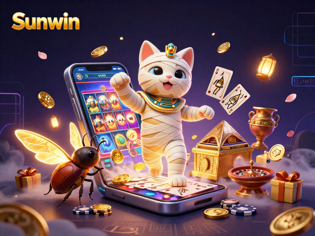 Sunwin casino features a glowing Egyptian mummy cat, vibrant slots, and poker elements in an exciting gaming scene.
