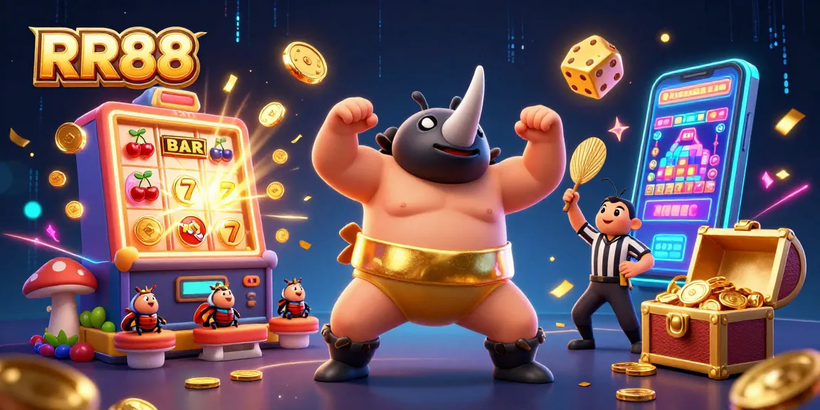 RR88 features a lively online casino scene with a sumo beetle champion and golden slot machine bursting with prizes.