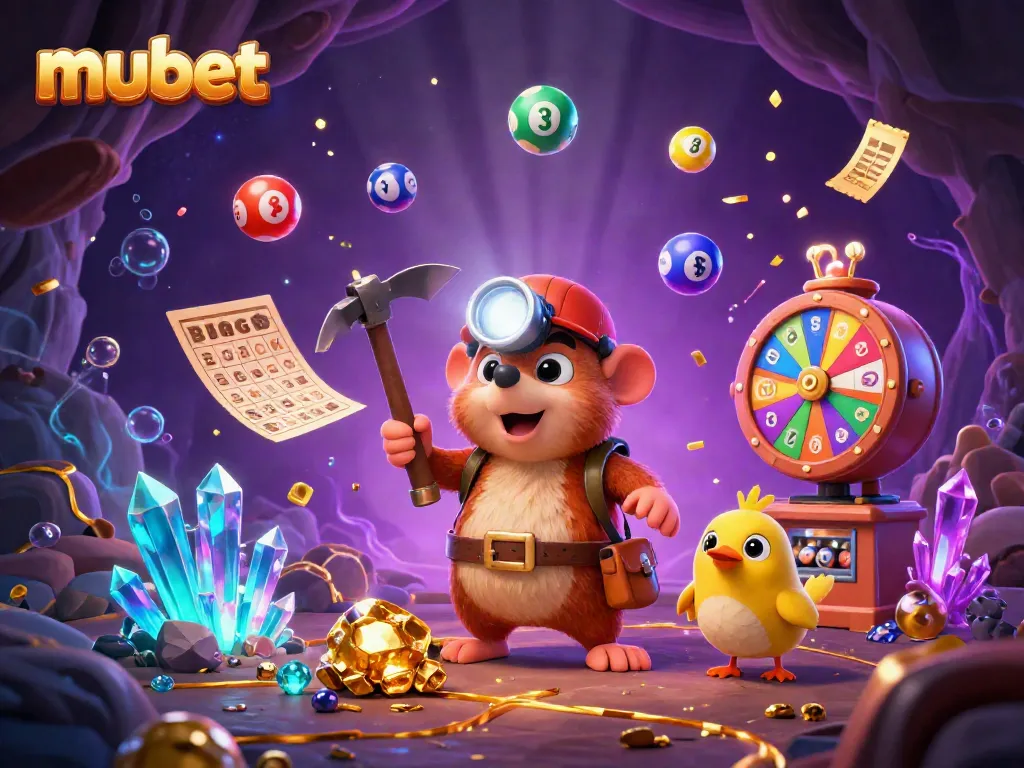 Experience thrilling wins at mubet with a cartoon mole and companions amid treasures and casino elements.