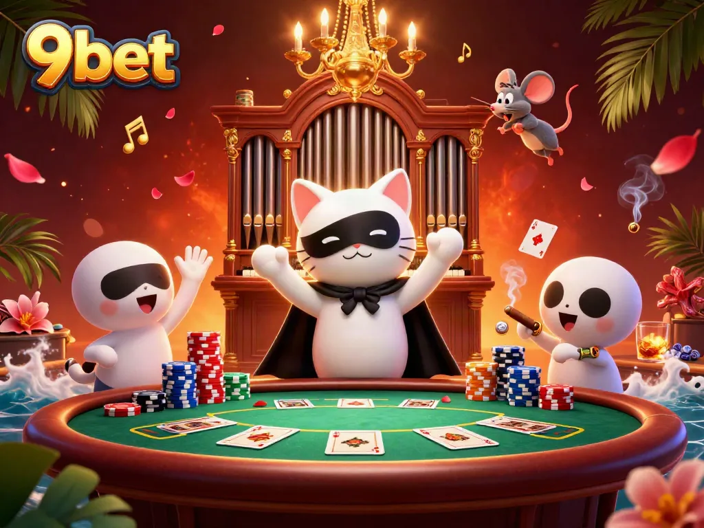 Experience thrilling wins with 9bet, illustrated by a casino scene full of vibrant poker elements.
