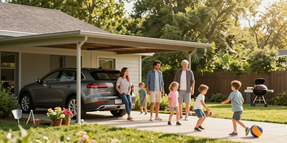 Moderne Carport-Installation mit Familie, die einen sonnigen Tag im Garten genießt.