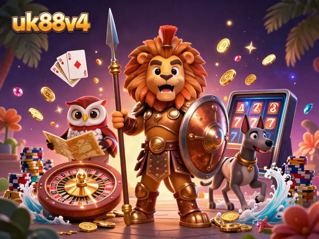 Engage with thrilling gameplay at uk88v4 featuring a dynamic casino scene with 3D characters.