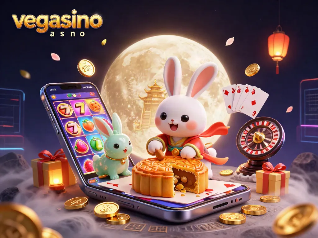 Join the action at vegasino casino with a vibrant 3D scene featuring moon rabbits and casino symbols.