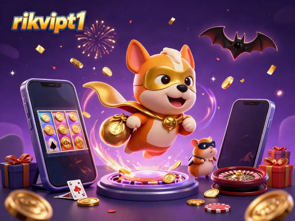 Experience excitement with rikvipt1 as the superhero dog flies with gold coins; vibrant casino elements surround.