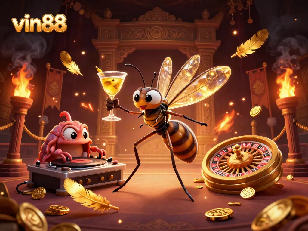 vin88 showcases an energetic cartoon scene with a frozen mosquito mascot at a dynamic casino