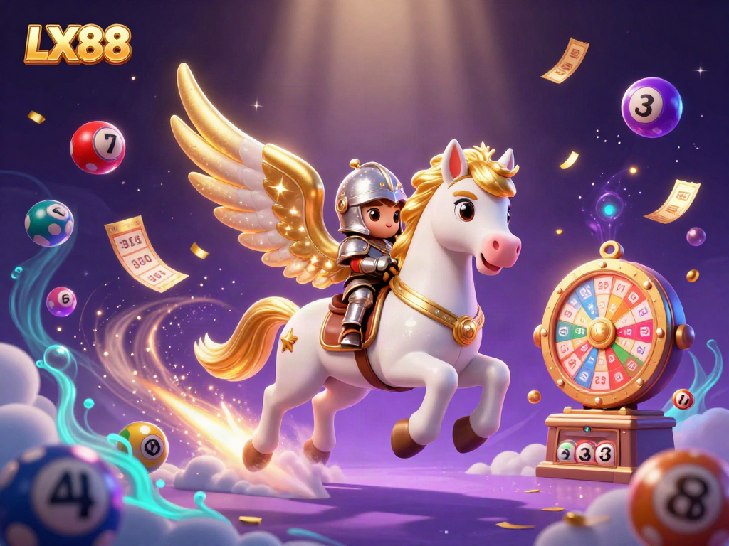Engage with LX88's thrilling gaming experience through vibrant lottery elements and a magical scene.