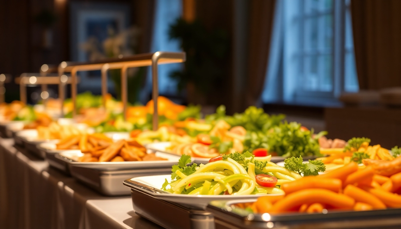 Catering-Buffet mit frisch angerichteten Gerichten und saisonalen Zutaten, ideal für besondere Anlässe.