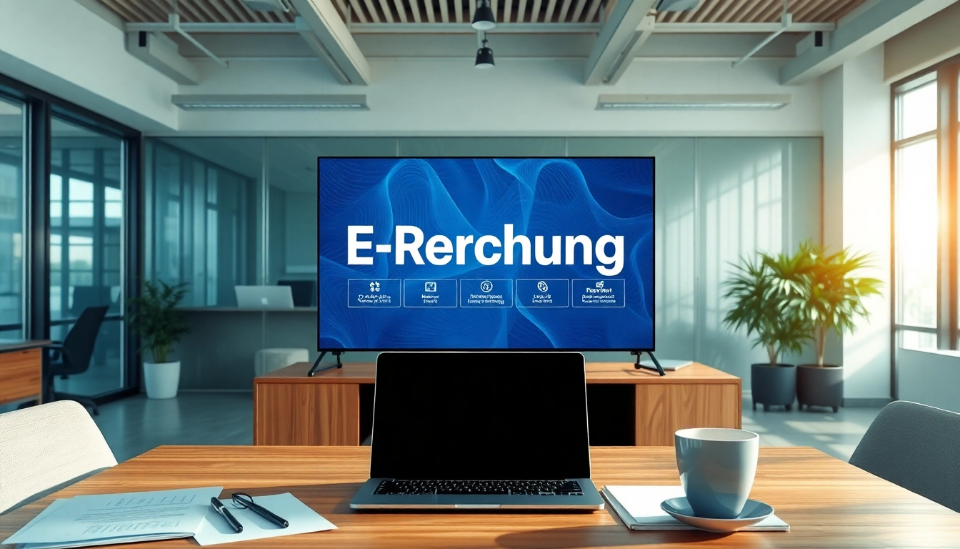 E-Rechnung Visualisierung in modernem Büro mit Technologie und Produktivitätselementen.