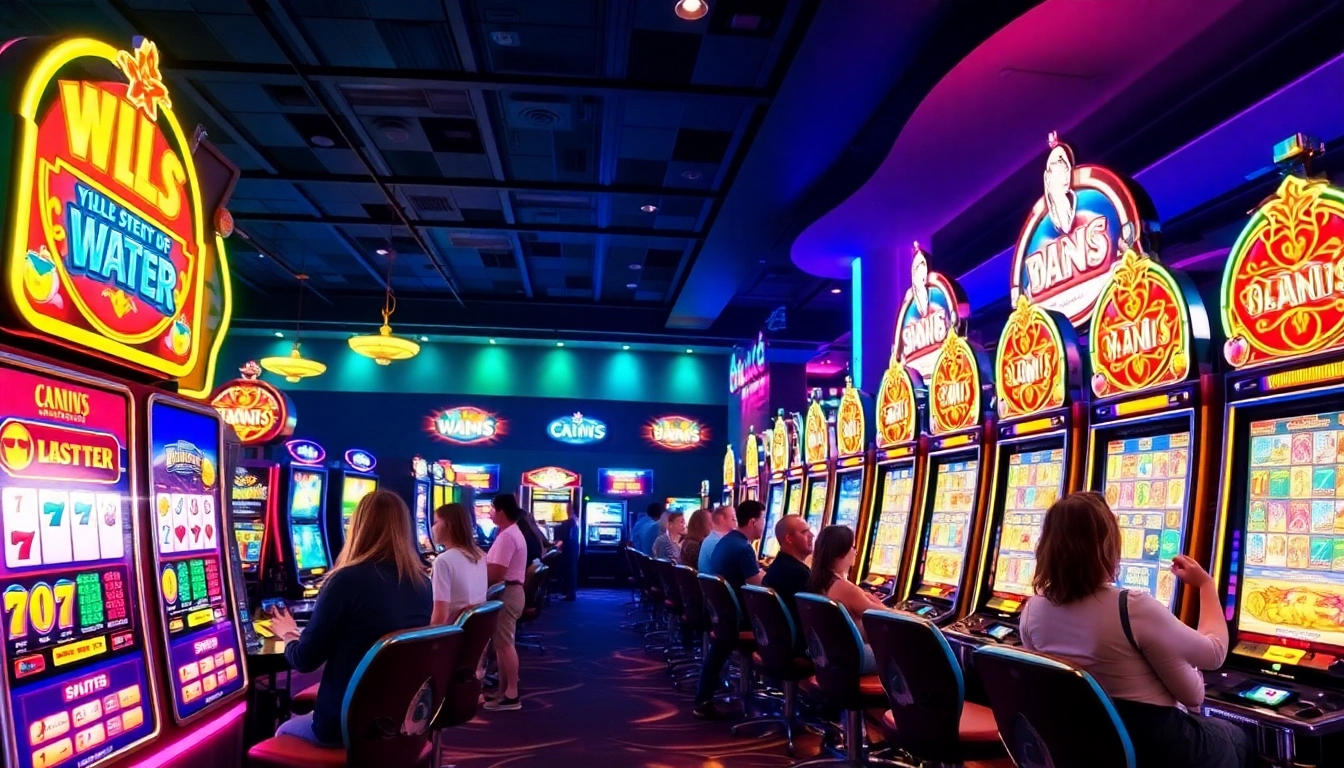 Spielen ohne Oasis in einem lebhaften Casino-Setting mit bunten Spielautomaten und jubelnden Spielern.