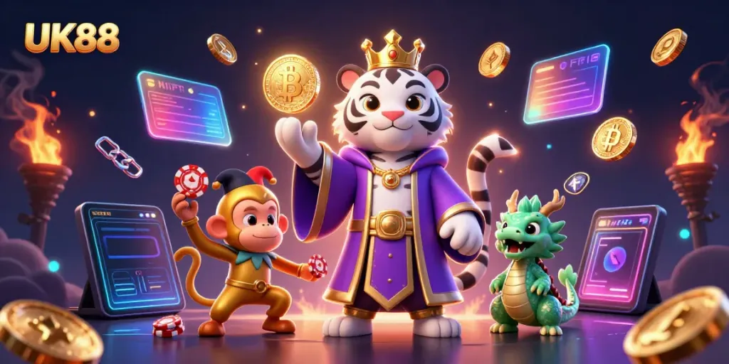Join the excitement at UK88 with a playful scene featuring a royal tiger, jester monkey, and mystical dragon.