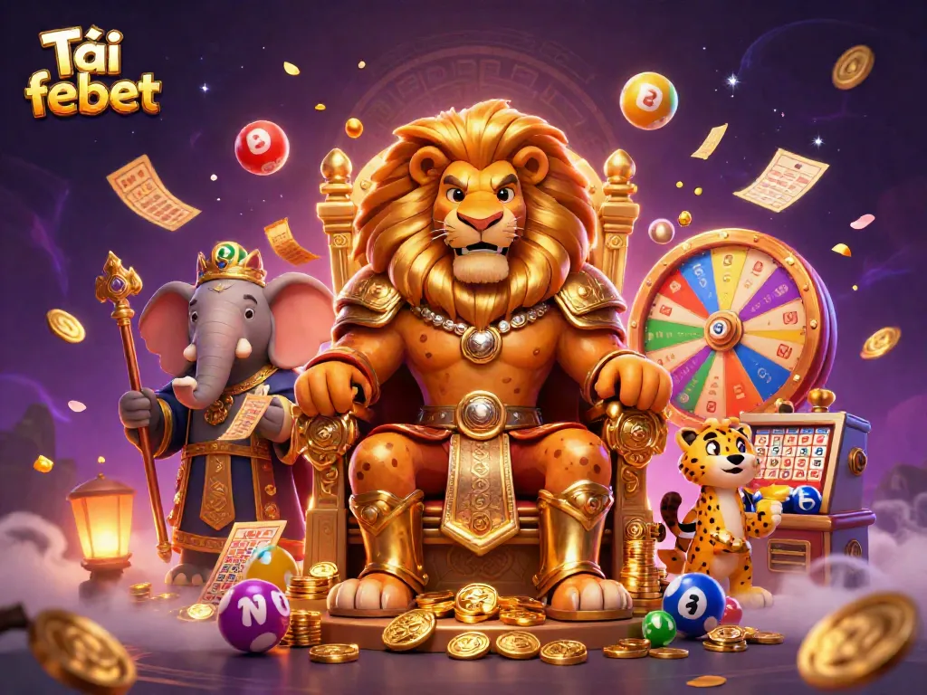Tải febet to experience a vibrant 3D gambling scene with a lion king, elephant, and cheetah.