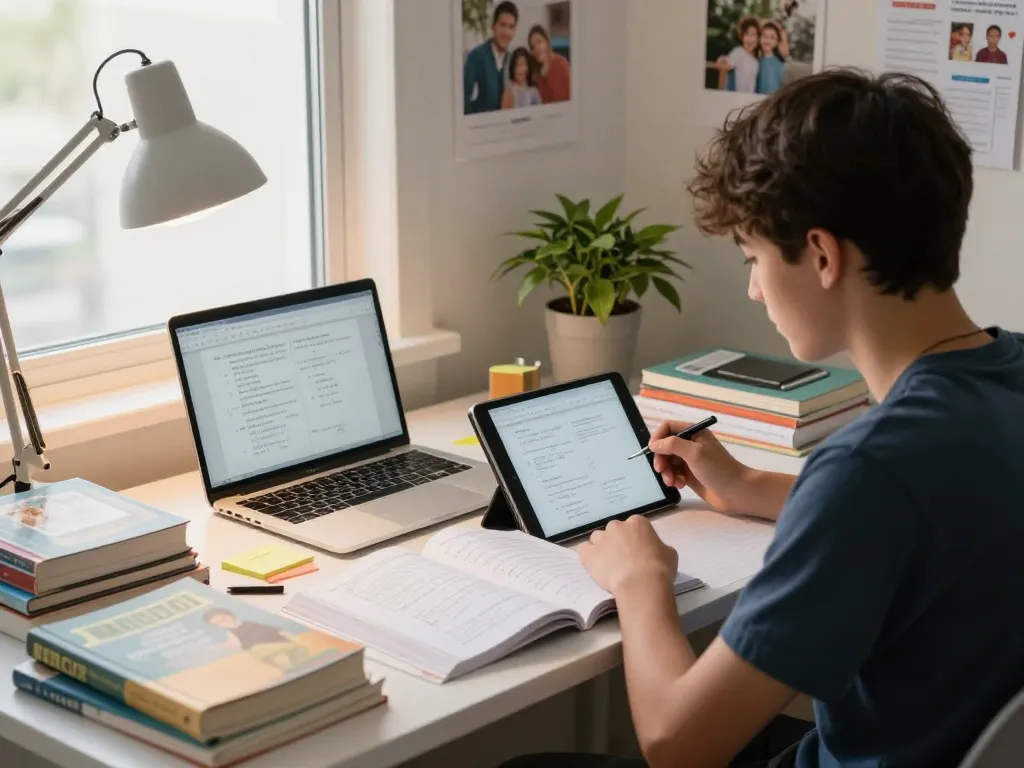 Szene eines Hausaufgaben Lösers online, die einen Schüler zeigt, der mit Technologie in einem hellen Arbeitszimmer an Hausaufgaben arbeitet