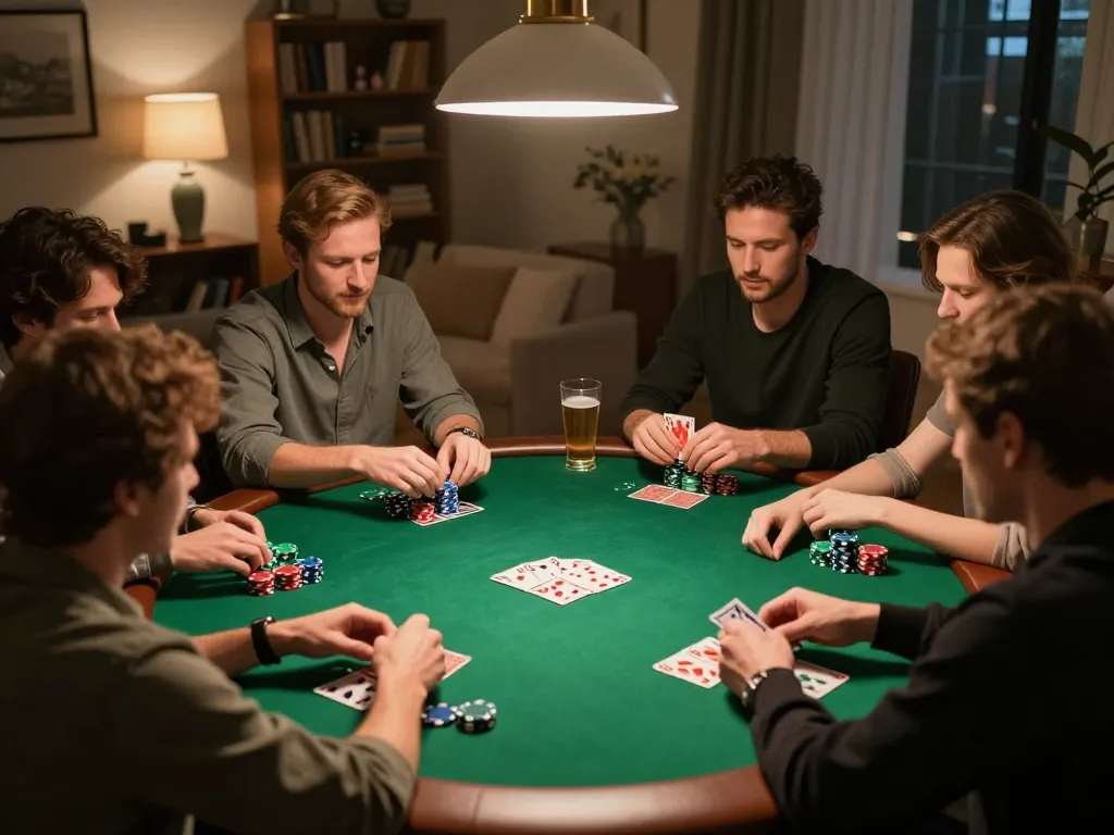 Players engage in an exciting poker game at home, showcasing MK8 strategy and social interaction.