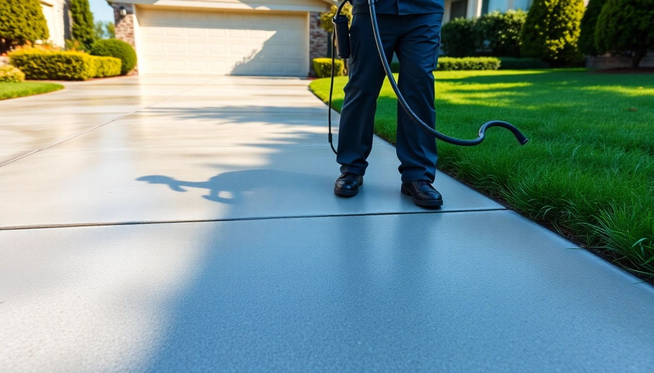 Driveway pressure wash showcasing a freshly cleaned concrete driveway and lush greenery.