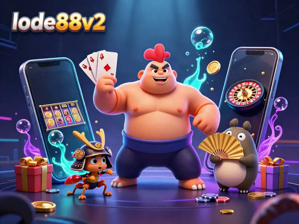 Experience thrilling gambling action with lode88v2 in a vibrant 3D casino illustration.