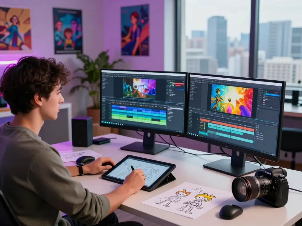 Motion control workspace with digital artist animating characters on dual monitors and creative tools.