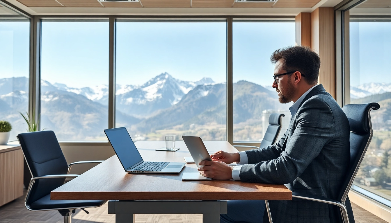 Professioneller Headhunter Schweiz in einem modernen Büro mit Blick auf die Alpen bei einer Besprechung.
