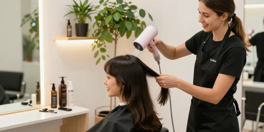 Stylist using Laifen Mini haartrockner on a client's hair in a bright salon.