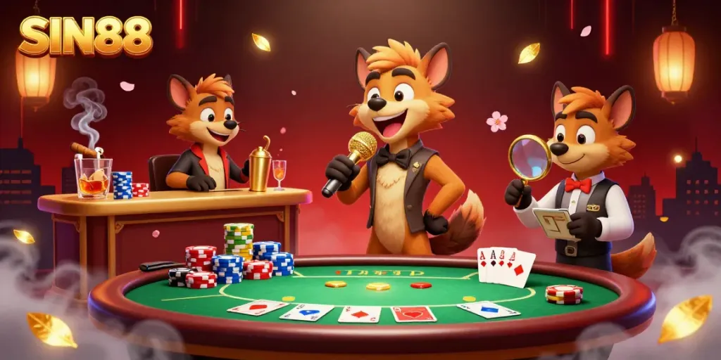 SIN88 hyena cartoon casino scene with a comedian, bartender, and bouncer creating an engaging atmosphere.