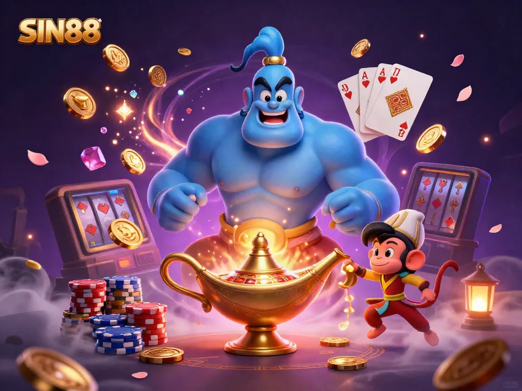 SIN88 genie with poker chips and dynamic elements representing casino excitement.