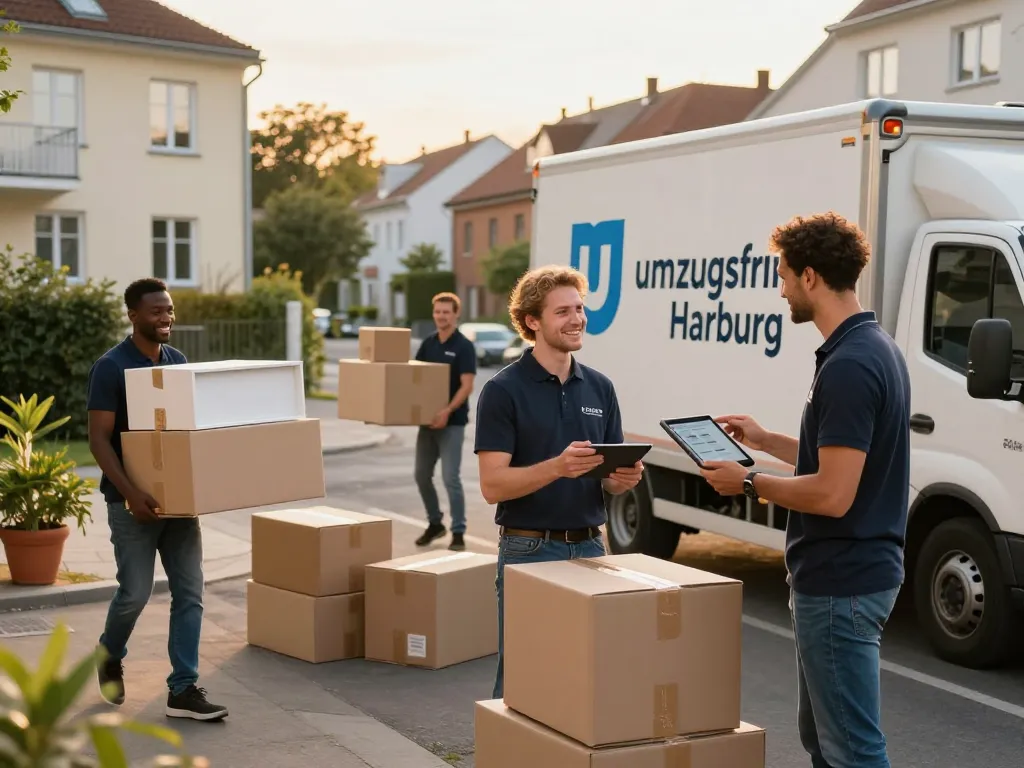 Das Team von Umzugsfirma Harburg bewegt effizient Möbel und Kartons in einem städtischen Viertel.